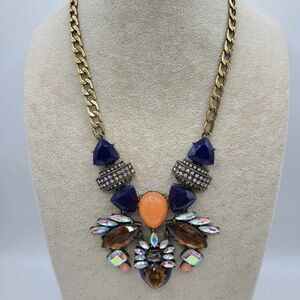 J Crew Chunky Vintage Navy Coral Resin with Large Amber & Clear Crystal Necklace